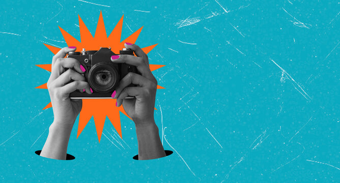 Art collage showing hands holding a camera with a bright background and artistic elements