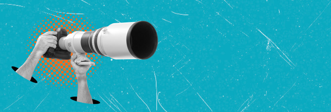 Art collage featuring hands holding a camera with a large lens against a colorful background