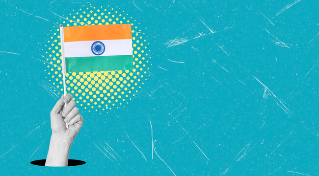 Art collage showing a hand holding an Indian flag against a bright background