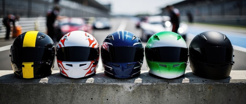 Row of colorful racing helmets on a pit wall at a circuit. Various professional protective headgear styles for motorsport drivers. Speed and safety gear concept for sports marketing campaigns.