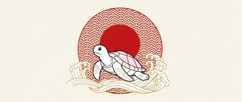 Japanese turtle illustration with waves and sun. Ukiyo-e graphic with seigaiha patterns and oriental art. Longevity concept for Asian branding and decor.