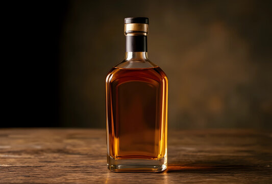 Premium whiskey bottle on a rustic wooden table, luxury spirits and alcoholic beverages concept, dark background for copy space
