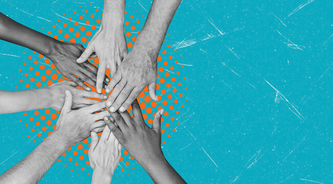 Art collage of diverse hands coming together in teamwork on a bright blue background