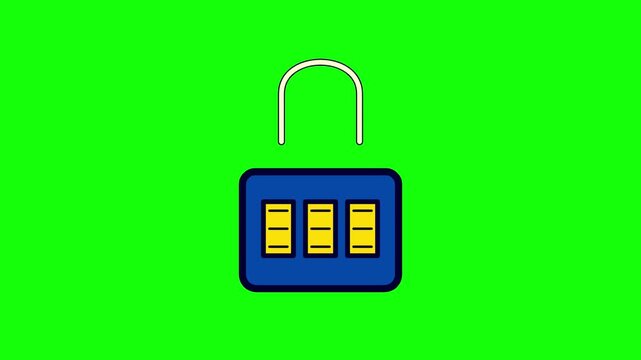 2D vector illustration of a blue combination padlock with three yellow numeric tumblers and a white metal shackle isolated on a neon green chroma key background with blue alignment guides.
