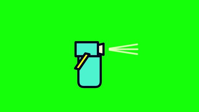 2D vector style icon of a blue spray bottle with a yellow trigger releasing a light spray pattern against a bright green background with digital coordinate technical overlays.