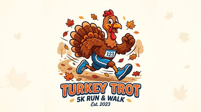 Cartoon turkey runner wearing a race bib and blue shorts, participating in a 5k run and walk event, isolated on white background