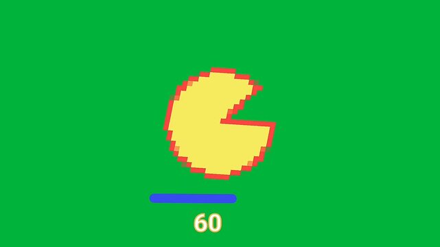 pixel arcade character, on green gaming background animation with blue loading.