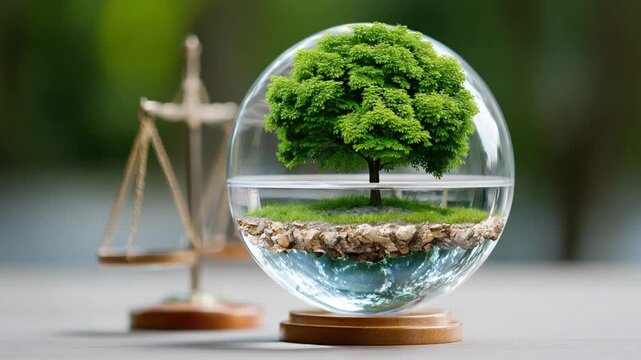 Eco-justice: A symbol of environmental law, a clear sphere encapsulates a miniature lush forest thriving on water and earth, next to a brass scale of justice.