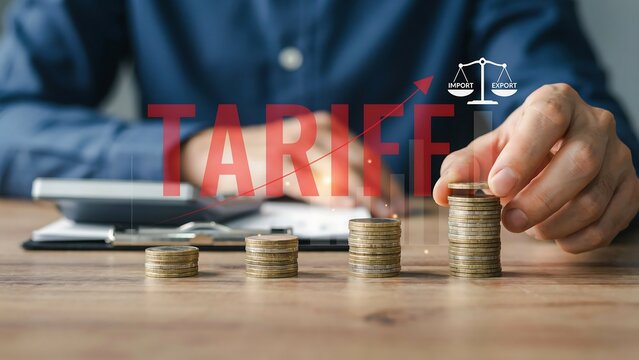 Economic concept of increasing international trade tariffs and rising import costs depicted with stacks of coins and scales of justice