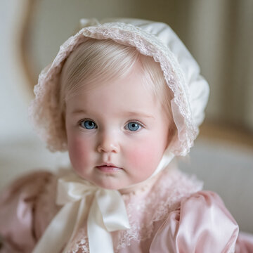 Sweet baby girl wearing a lace bonnet and pink vintage dress for a timeless portrait, showing angelic childhood innocence