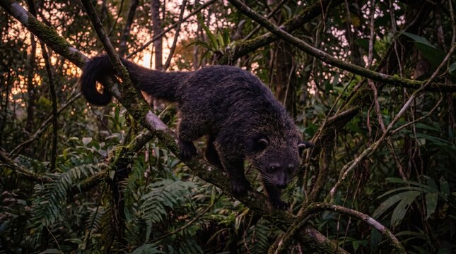 Wild binturong walking on tree branch in dense tropical rainforest habitat at dusk. Concept of bear-cat, wildlife, jungle.