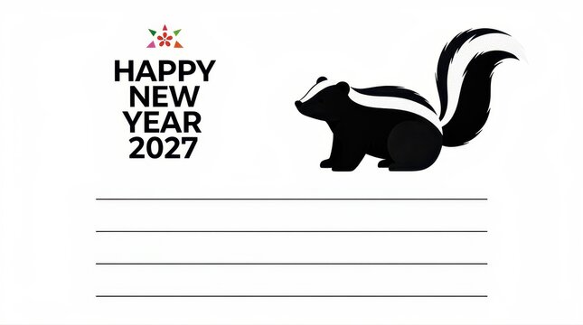 Happy New Year 2027 card featuring a cute skunk illustration. Minimalist design includes lined space for personalized messages. Festive animal theme ideal for holiday stationery and greetings.