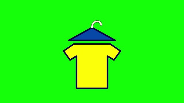 Flat vector illustration of a yellow short-sleeve t-shirt hanging on a blue clothes hanger against a solid bright green background. Minimalist graphic icon for fashion retail and laundry.