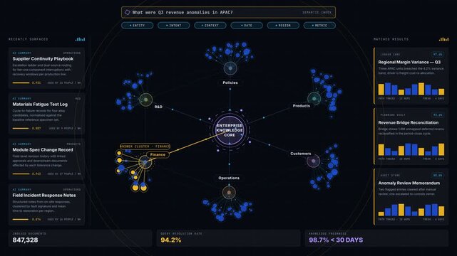 Expansive AI-powered knowledge graph visualization with glowing central core, orbiting document clusters, and interactive search highlighting in 4K resolution.