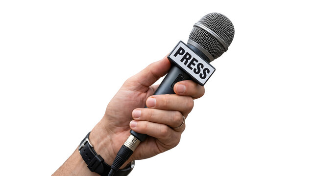 Hand holding black foam microphone for press conference or live broadcast isolated on white