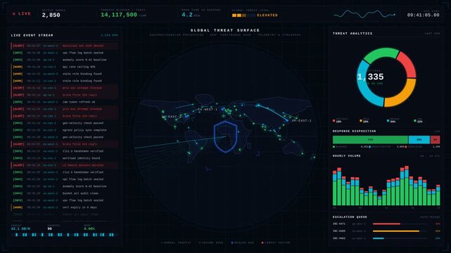 Real-time AI-powered SOC command center monitoring global cybersecurity threats with threat intelligence dashboard. professional stock footage for technology, business, and editorial use.