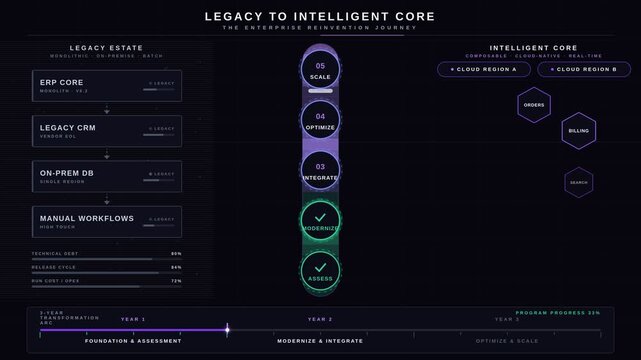 Dramatic split-screen transformation from legacy systems to AI-powered cloud enterprise architecture. professional stock footage for technology, business, and editorial use.