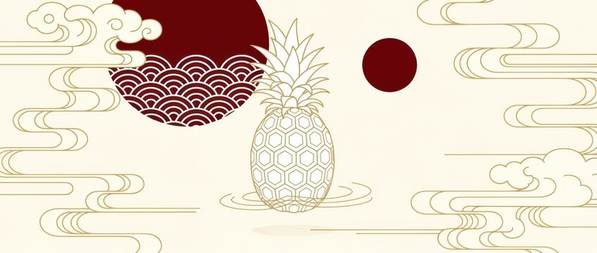 Gold line art pineapple with traditional Japanese motifs and red suns. Minimalist graphic features seigaiha waves and stylized clouds. Elegant oriental design for Lunar New Year and branding.