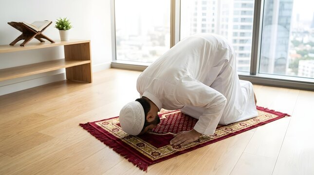 Muslim man in traditional white thobe praying on a prayer rug in a bright modern room
