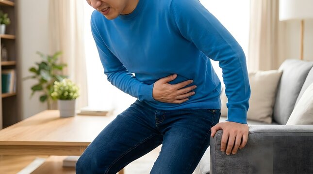 Asian man suffering from severe stomach ache or abdominal pain at home
