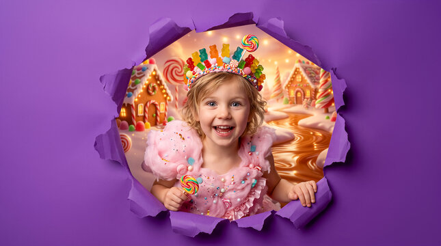 Child in candy kingdom looking at camera. Purple torn paper background, gingerbread houses, lollipop crown, cotton candy dress. Advertising, children s entertainment, sweet treats.