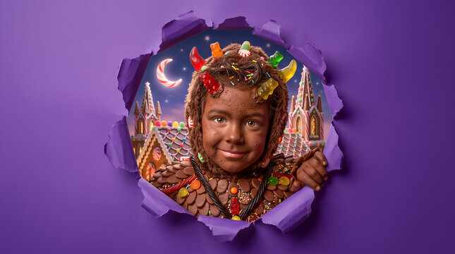 Child dressed as gingerbread man peeking through torn purple paper. Candy castle, night sky, crescent moon, festive holiday theme.