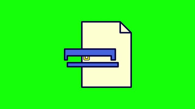 Factual illustration of a blue office stapler attaching a yellow piece of paper with a folded corner, isolated on a solid bright green screen background for chroma key compositing.