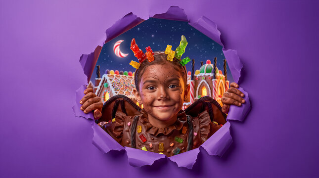 Child dressed in chocolate costume with gummy bear crown peeking through torn purple paper. Candy land, holiday celebration, advertising.