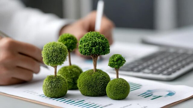Sustainable Business Growth: Miniature trees represent burgeoning growth atop financial documents, symbolizing the intertwined nature of ecological responsibility and economic prosperity.