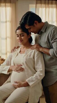 Vertical video: Placing hands, man leaning behind pregnant woman in beige at counter, supporting