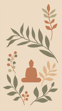 Buddha silhouette in meditation pose with zen energy symbols. Buddhist monk icon for spiritual harmony and mindfulness concept.