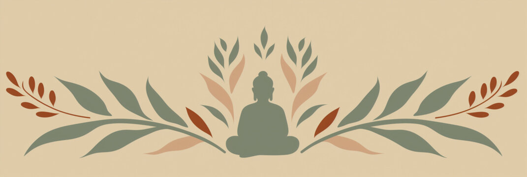 Buddha silhouette in meditation pose with zen energy symbols. Buddhist monk icon for spiritual harmony and mindfulness concept.