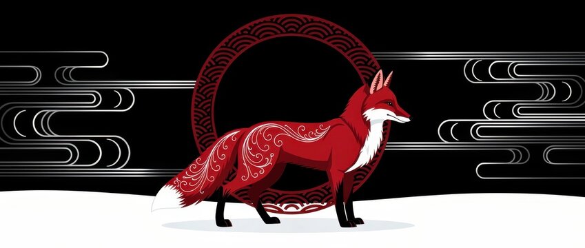 Stylized red fox illustration with traditional Japanese motifs. Kitsune-inspired animal design featuring decorative swirls and a circular geometric backdrop. Elegant Asian art concept for branding.