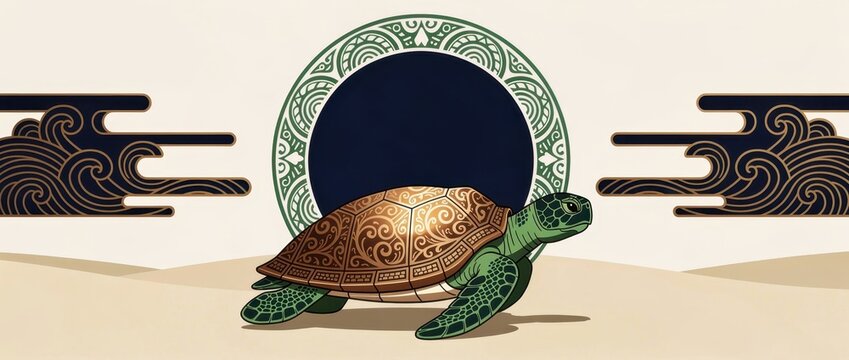 Stylized sea turtle with ornate gold patterns walking through traditional Asian motifs. Decorative waves and a green halo frame the scene in a graphic art style. Longevity and wisdom concept.