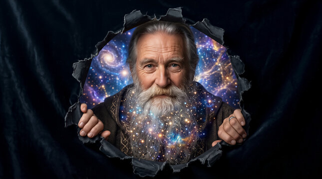 Old wise man with starry beard peering through torn black fabric. Cosmic universe behind him. Science fiction, spirituality, mysticism.
