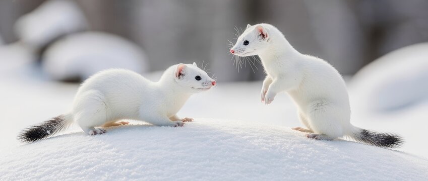 Two ermines in white winter coats playing on a snowy hill. Stoats interacting in their natural arctic habitat during the winter season. Wildlife conservation concept for nature publications.