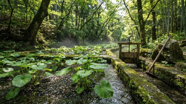 Lush Japanese Wasabi Farm with Water Sluice Gate and Fresh Green Plants Growing in Stream. Concept of japan, japanese garden, water canal.