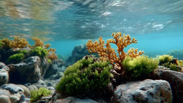 Underwater Landscape: Crystal clear turquoise water reveals a vibrant underwater world teeming with life.
