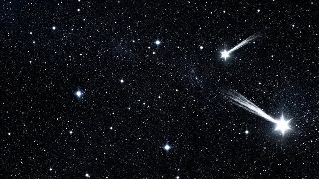 Celestial meteor shower streaking across a deep space starfield with cinematic motion