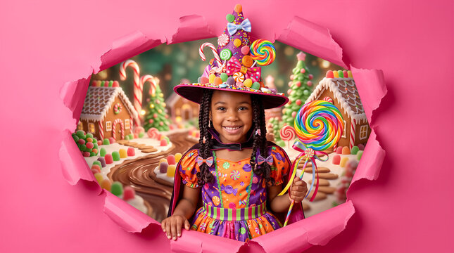Child dressed as witch holding giant lollipop peeking through pink torn paper. Candy land, Halloween costume, children s party, sweet treats.