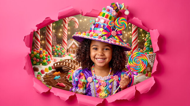 Child in candy-themed costume smiling while holding lollipop in magical sweet world. Childrens entertainment, birthday party, confectionery industry.