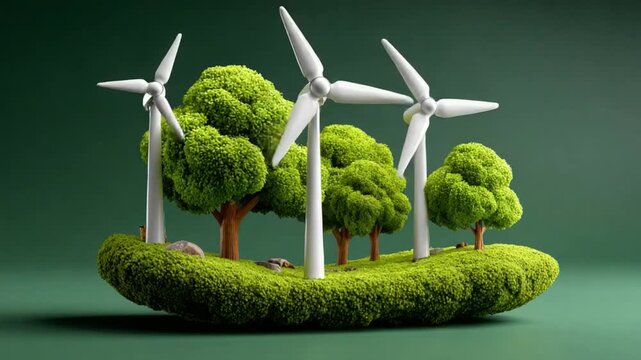 Wind Turbine Ecosystem: A serene miniature landscape featuring wind turbines harmoniously integrated with lush green trees and moss-covered ground.