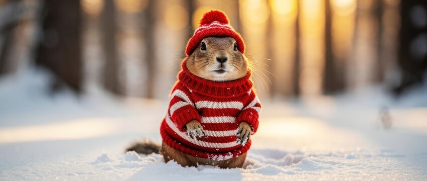 Cute prairie dog wearing a red sweater and hat in the snow. Small rodent dressed in winter clothes in a sunlit forest. Whimsical winter wildlife concept for festive and seasonal marketing.