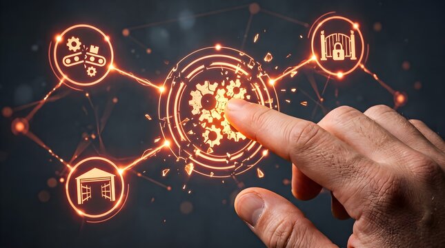 Finger touching broken gear icon within system network interface.