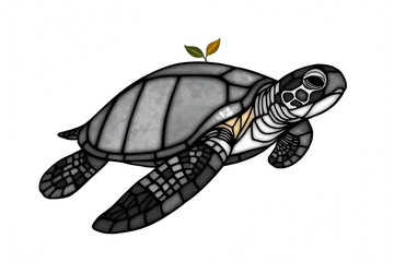 Fototapeta premium Stained Glass Sea Turtle Illustration with Plant Sprout