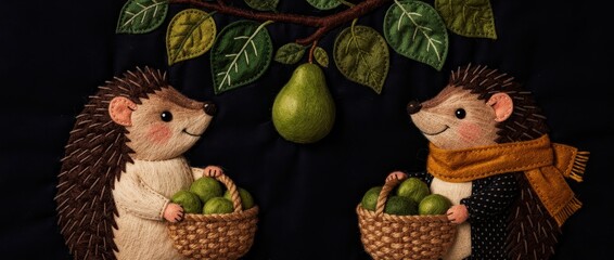 Naklejka premium Two felted hedgehogs holding fruit baskets under a pear branch. Handcrafted needle-felted animals in autumn harvest scene. Charming nursery art for seasonal decor.