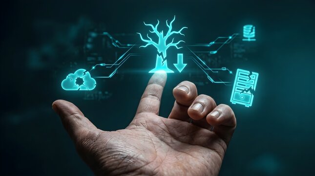 Hand Reaching Broken Digital Tree And Damaged Server