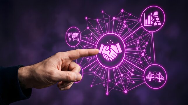 Finger points at broken handshake icon amidst pink neon connection network.