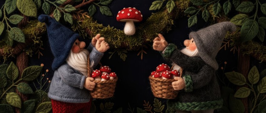 Needle felted gnomes gathering fly agaric mushrooms in a dark forest. Handcrafted wool dwarf figurines with baskets and mossy branch. Fantasy folk art concept for storytelling and craft marketing.