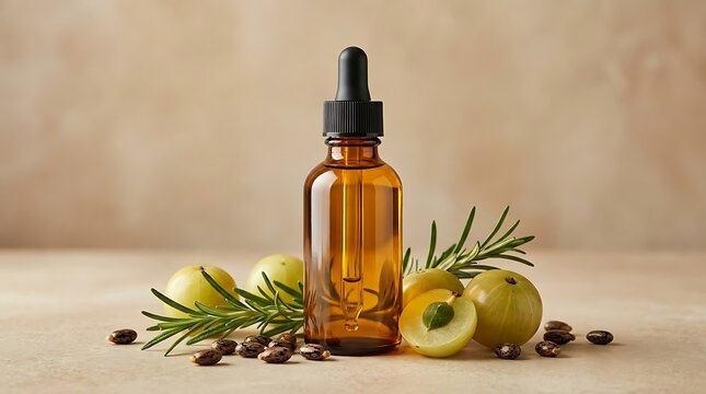  Essential oil drop falling from glass pipette into a golden pool with fresh rosemary herbs and coffee. thickening hair oil